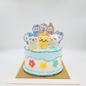2D Comic Style Chiikawa Figure with Sugar Flowers Cake Desgin