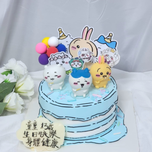 2D Comic Style Chiikawa Figure Cake Blue Theme Design